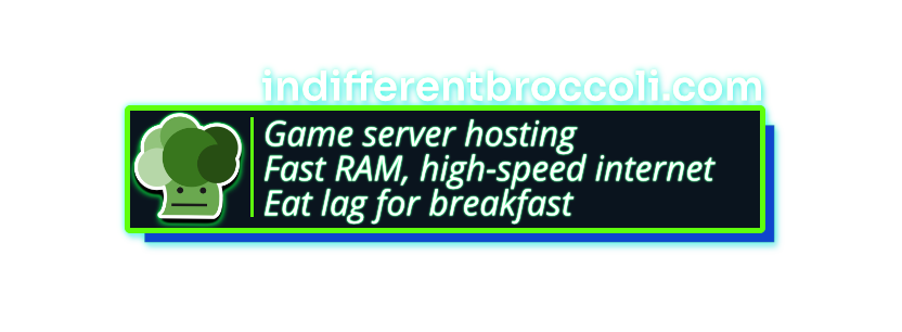 Logo and promotional tagline for Indifferent Broccoli, highlighting game server hosting with fast RAM and high-speed internet.