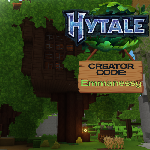 A large, stylized tree house with greenery surrounding it, featuring the 'Hytale' logo and a sign that reads 'CREATOR CODE: Emmanessy'.