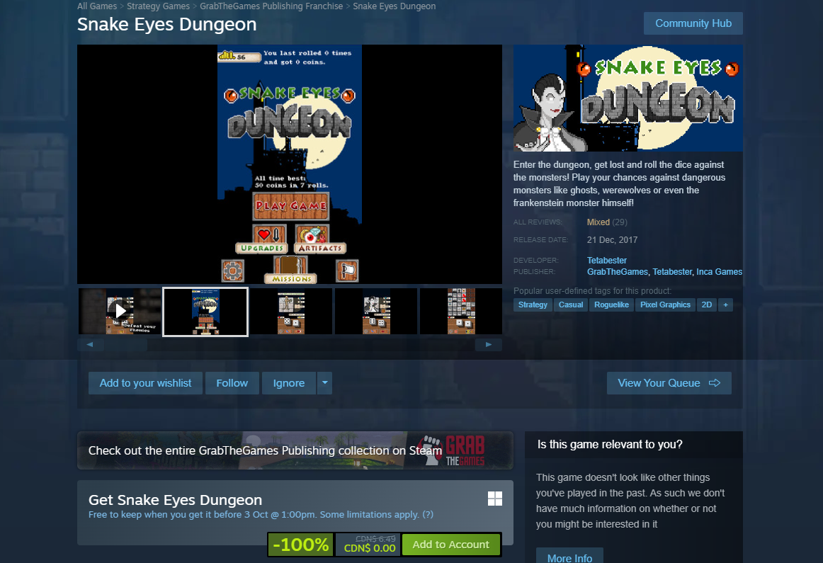 Snake Eyes Dungeon ~ Free on Steam